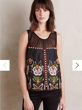 Anthropologie Floret Nalini Black Sheer-Yoke Embroidered top
